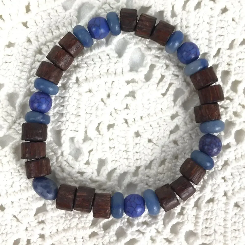 Natural Stone Wood Meditation Reiki Bracelets Blue
